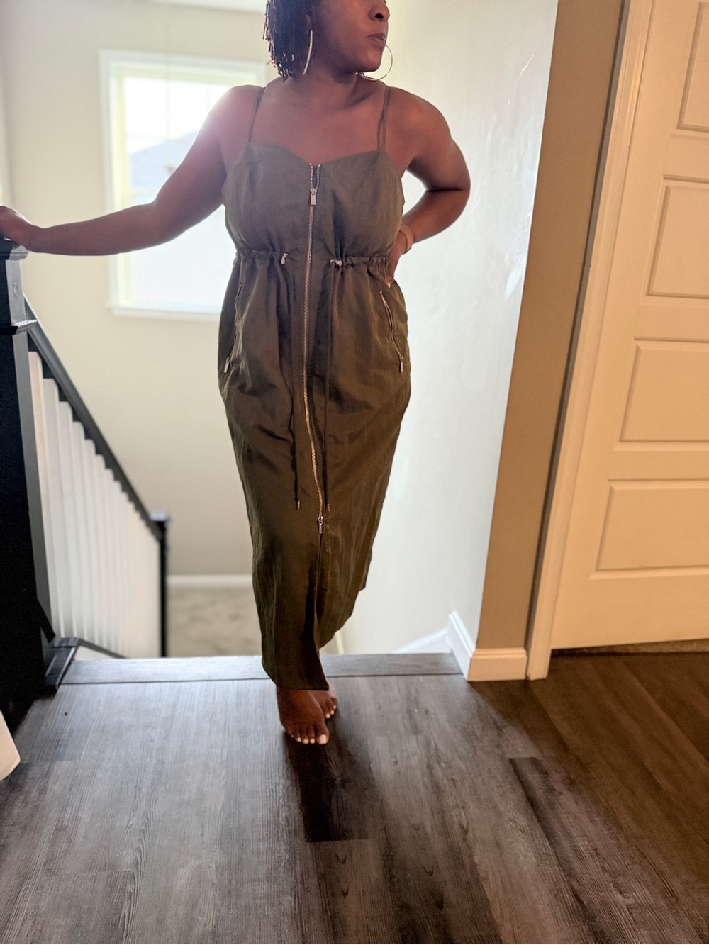 Olive Drawstring Zip-Front Women's Jumpsuit
